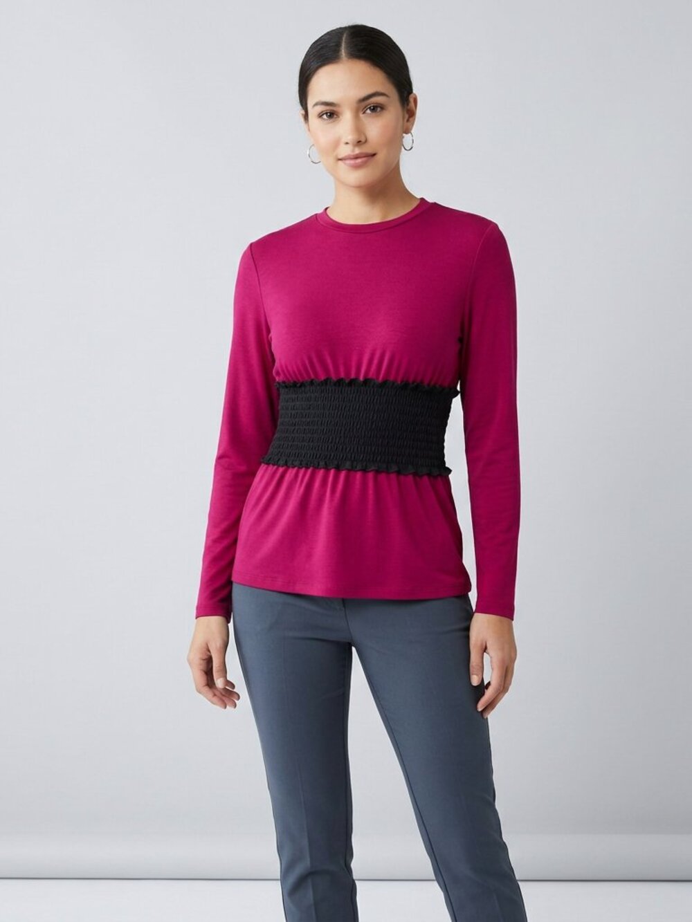 SIMLU Charming Stretch Lace Smocked Waist Wine Long Sleeve Tee Top XL 10-12